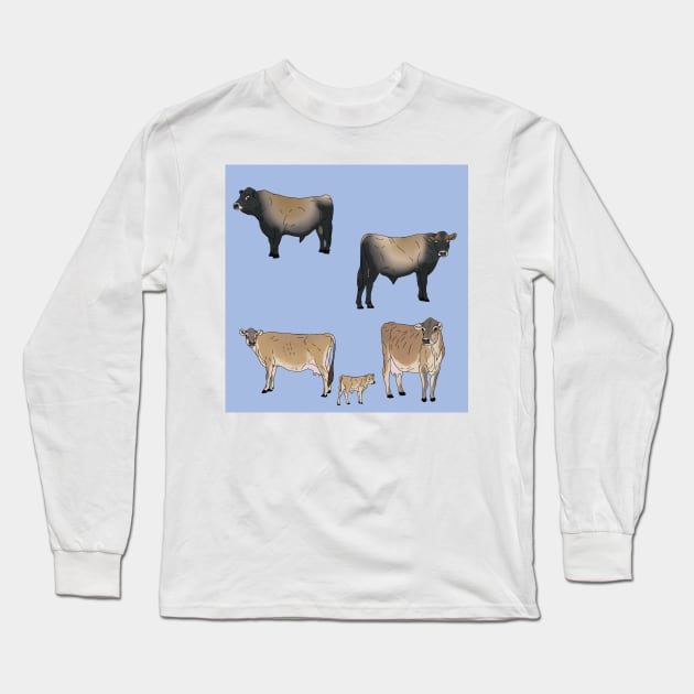 Jersey Cows Pattern Blue Long Sleeve T-Shirt by TrapperWeasel